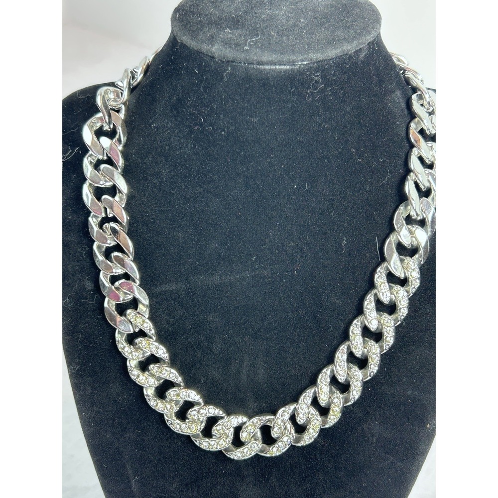 JLO Chunky Silver Tone Curb Chain Necklace 18" Pave Rhinestone Links Statement